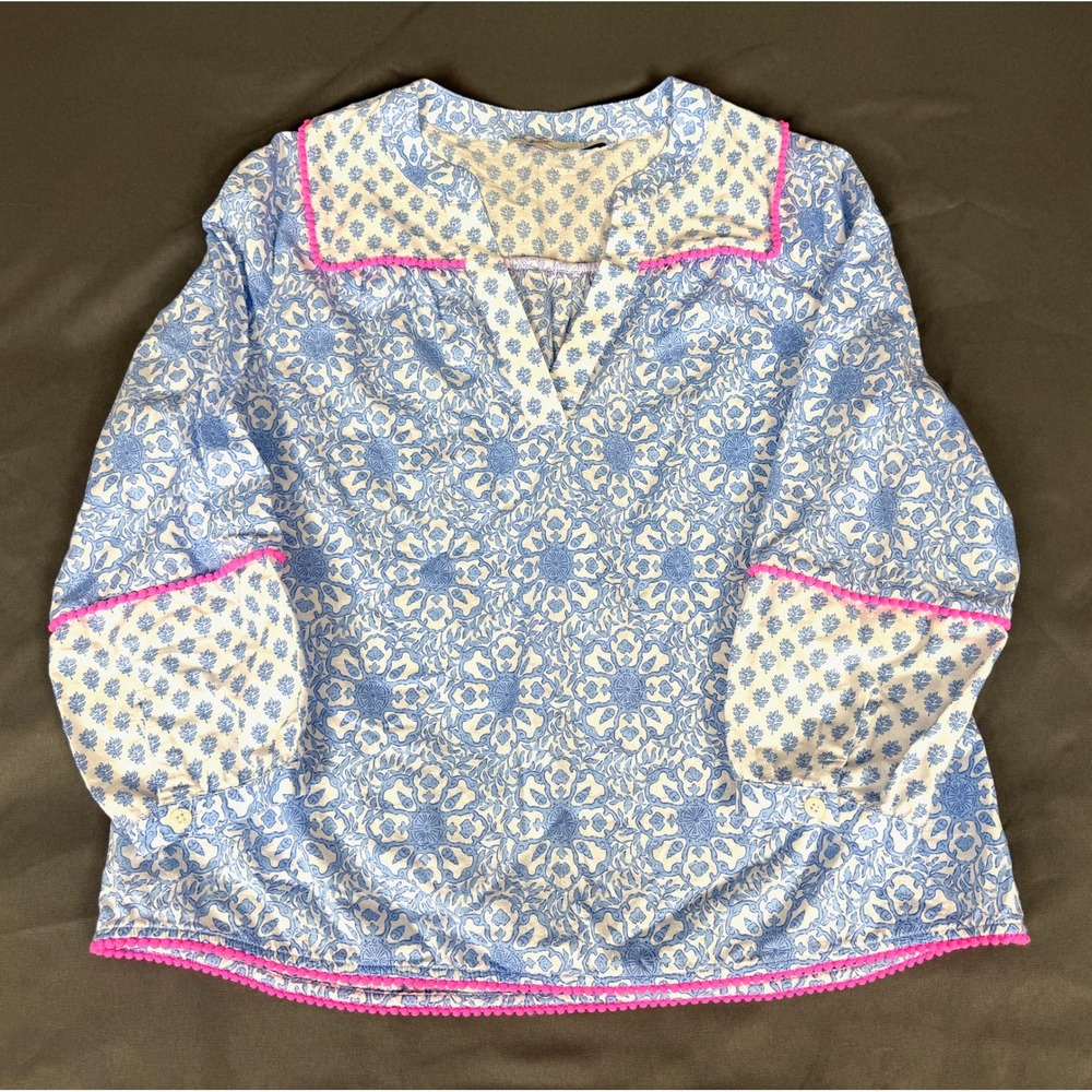 Vineyard Vines Top Womens S Blue Floral Print Pom Pom Trim Split Neck